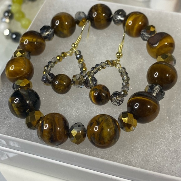 Jewelry - Tigers eye gold plated 925 sterling silver hook earrings and 12 mm bracelet set